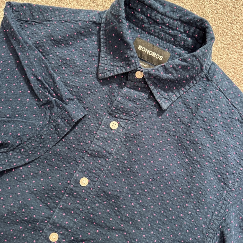 Bonobos Shirt Men XS Blue Pink Polka Dot Cotton Slim Seersucker Coastal Vacation